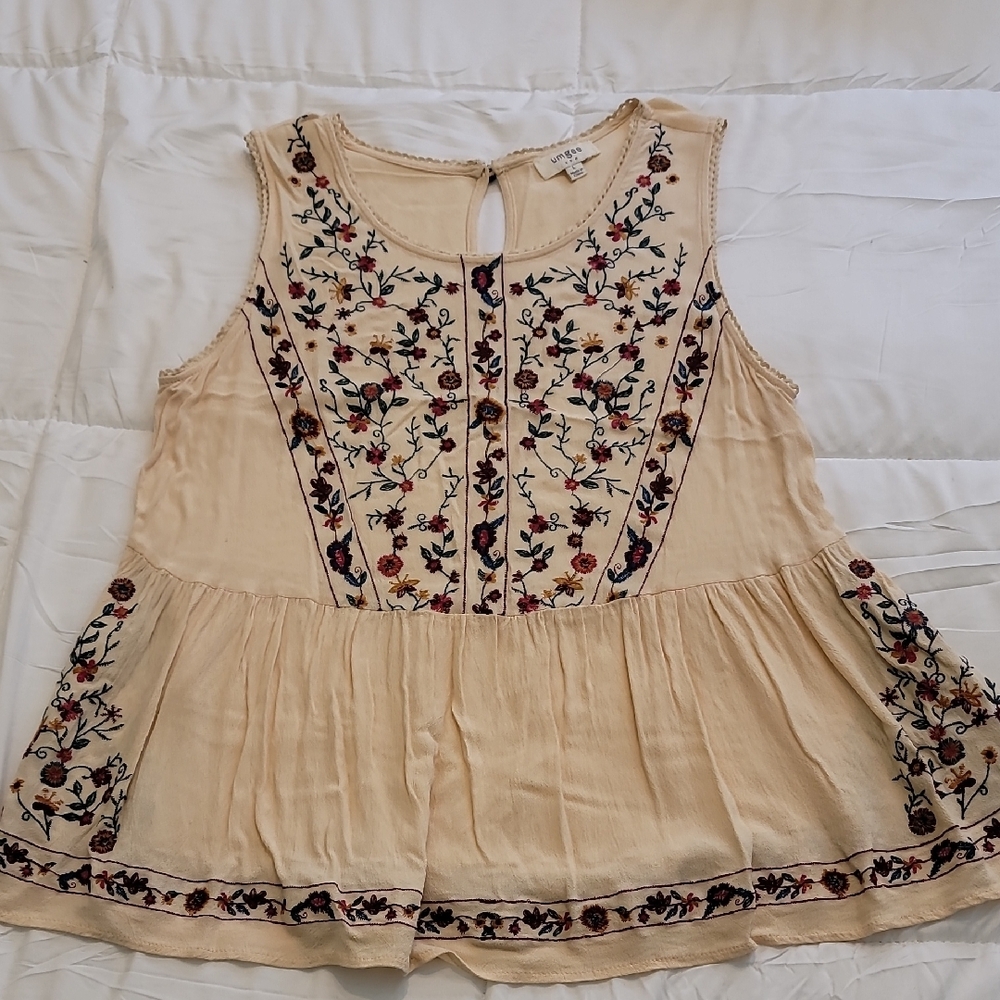 Umgee Cream and Black Embellished Peplum Blouse